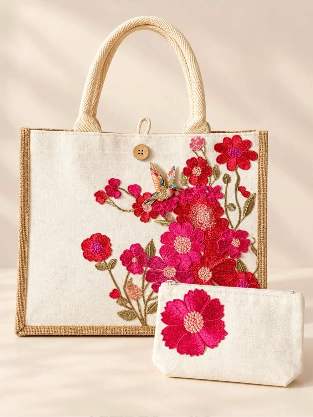 Cream Canvas Tote with Pink Floral Embroidery and Matching Pouch